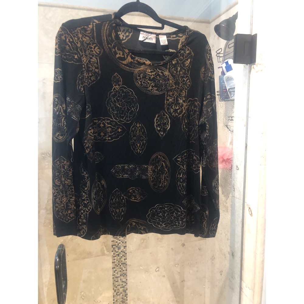 Chico's Travelers Womens 2 L 12 Top Muted Medallion Abstract Art Stretchy Blouse